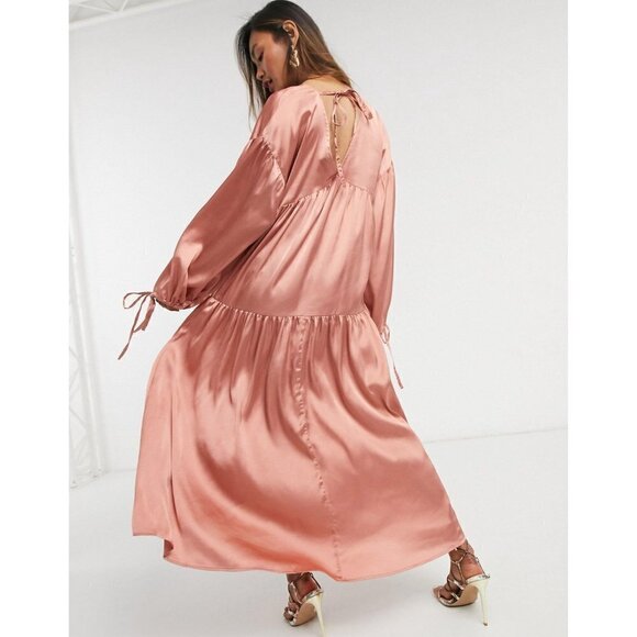 ASOS Design Dusky Rose Satin Tiered Trapeze Mini Smock Dress 2 - Picture 3 of 10